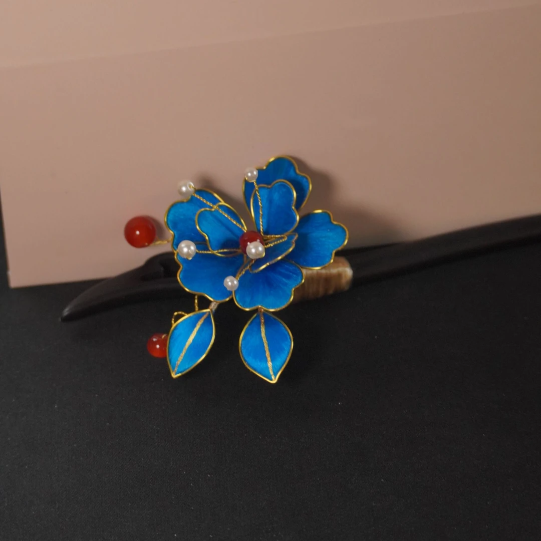 凤羽蓝色非遗绒花南京绒花黑檀木发簪高级国风纯手工