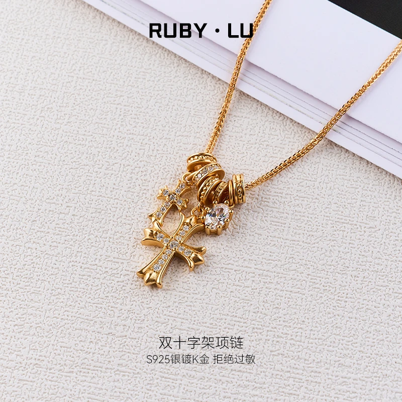 RUBY•LU 坠链均925银 双十字架项链女镀K金毛衣链复古坠链轻职风
