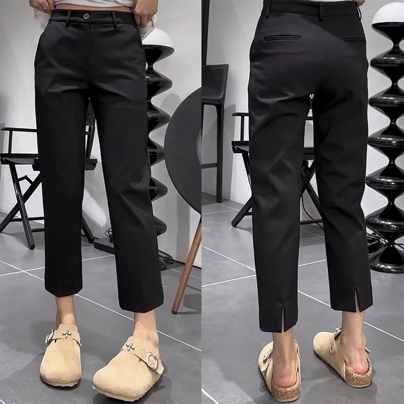 开叉通勤黑色西装裤夏季新款梨形身材高腰显瘦铅笔裤小个子小脚裤