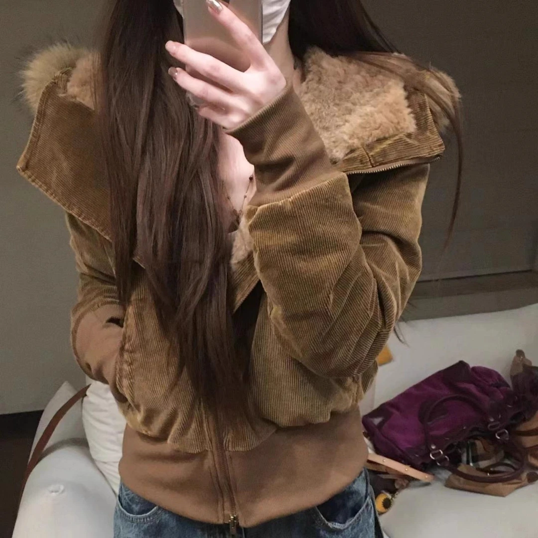 毛领连帽短款棉衣棉服女款秋冬季加绒加厚收腰修身派克服外套上衣