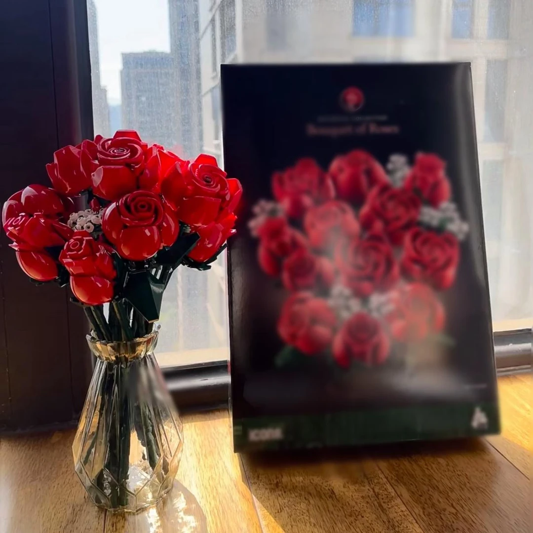 永生花三色花玫瑰玫瑰花益智玩具趣味拼装积木花情人节日浪漫礼物