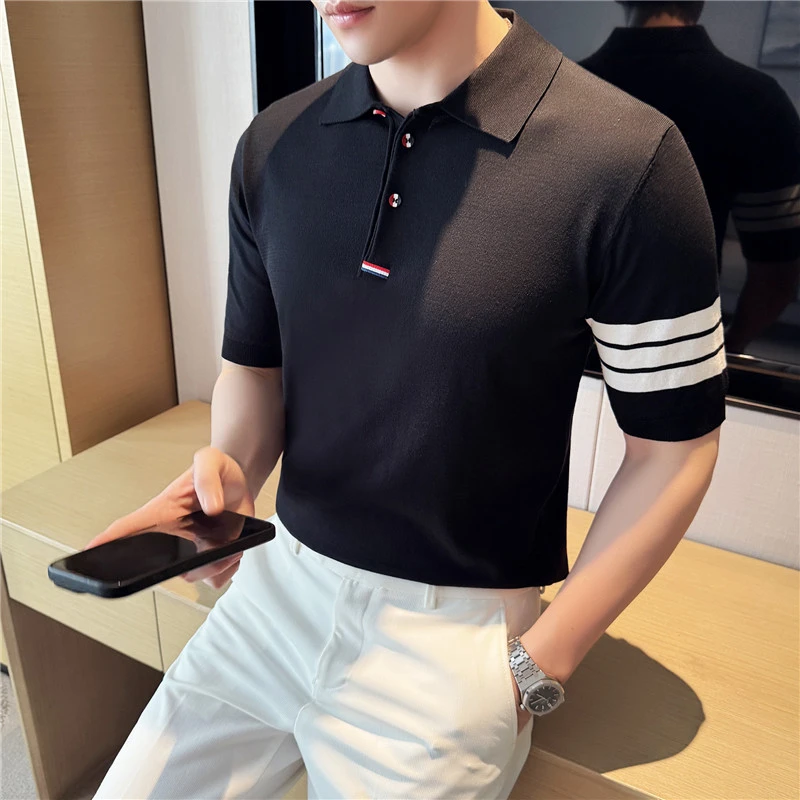 夏季莱赛尔冰丝男士针织拼色条纹翻领短袖polo衫潮流百搭时尚帅气