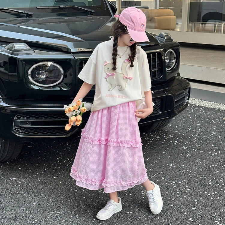女童半身裙时髦两件套短袖半裙套装甜美时尚格子裙套装2025新款