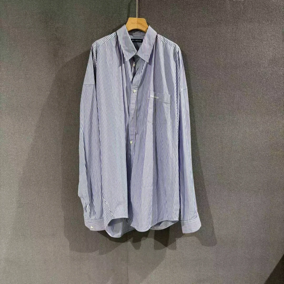 未使用 Balenciaga/巴黎世家 (pm)口袋刺绣条纹衬衫带吊38码/8119