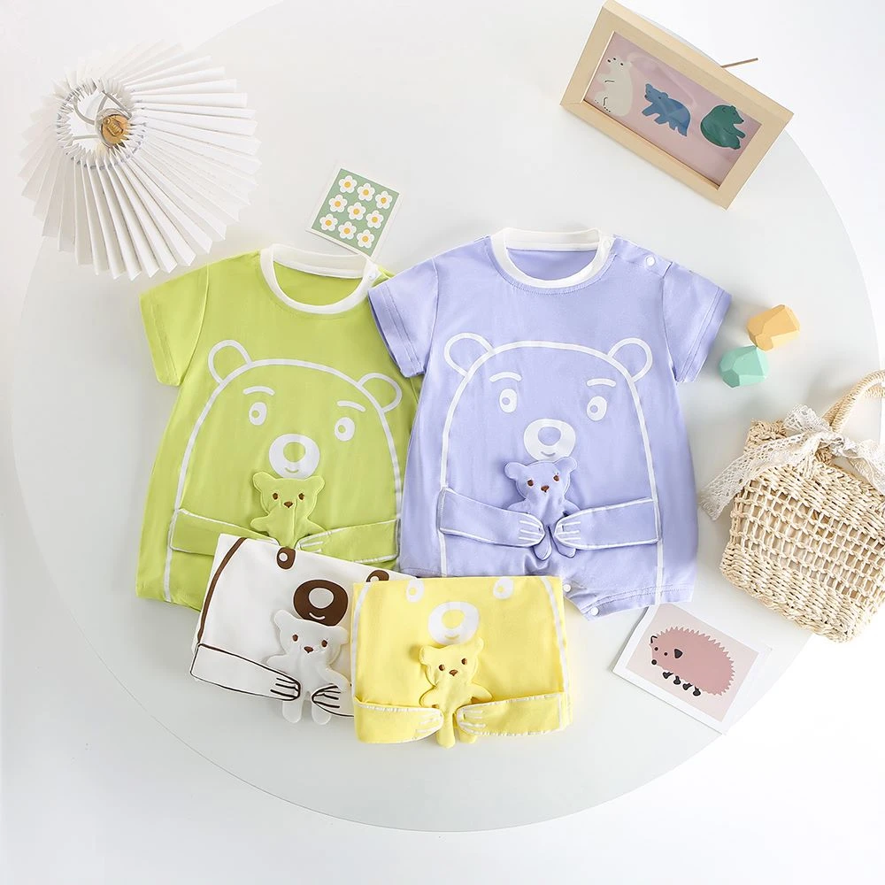 新款宝宝夏款舒适呆萌可爱多巴胺色抱抱熊连体哈衣外出服薄款婴儿