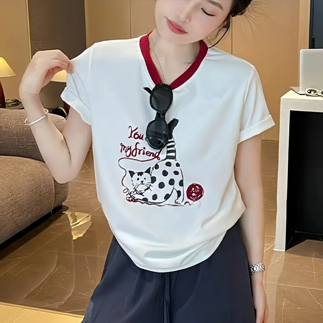 可爱猫咪印花 时尚短袖针织衫女8853