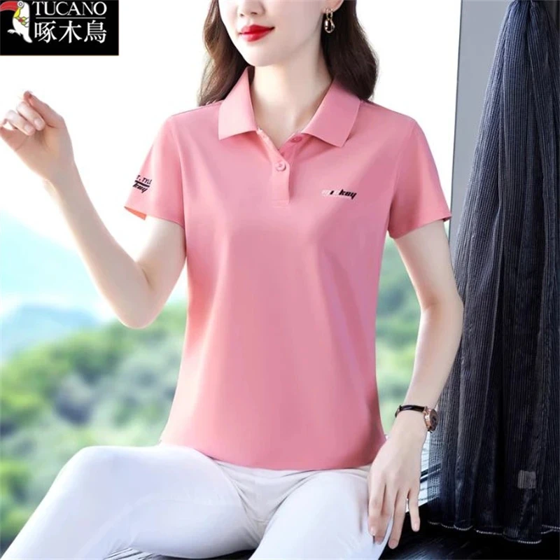 啄木鸟纯棉短袖t恤女夏2025时尚宽松洋气百搭妈妈polo衫翻领印花