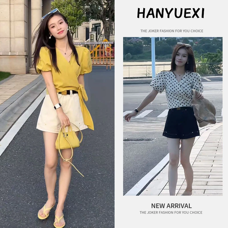 今年流行穿搭一整套2025新款波点宽松短袖衬衫显瘦牛仔短裙两件套