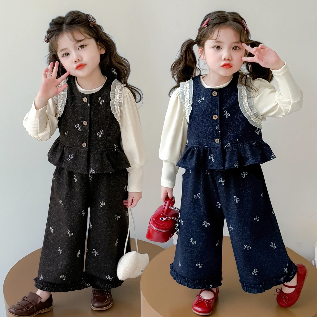 女童套装洋气韩版儿童马甲阔腿裤三件套小女孩宝宝春秋装2025新款