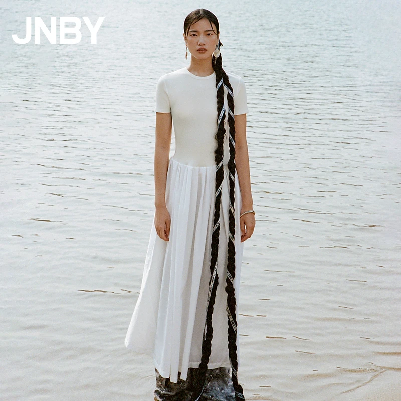 JNBY/江南布衣夏连衣裙女拼接圆领通勤时尚短袖长裙5O4G14470