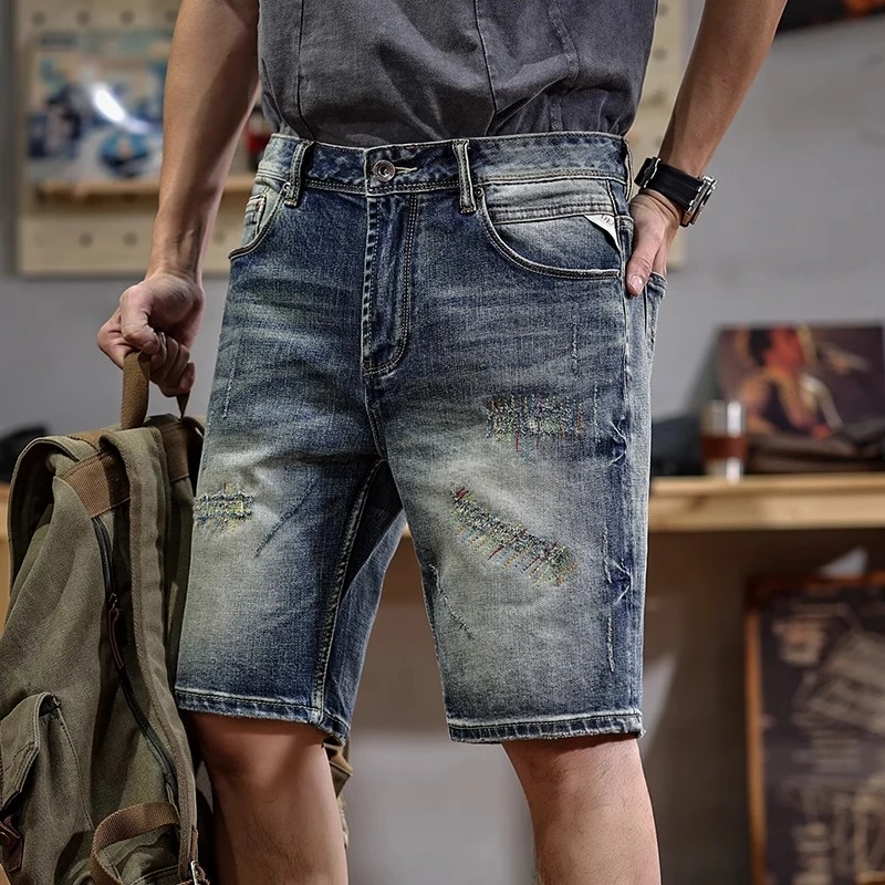 夏季重磅水洗薄款牛仔短裤男宽松直筒休闲裤美式潮牌刮烂痞帅中裤