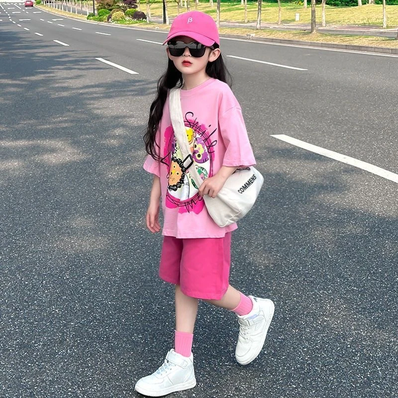 女童夏季短袖套装2025新款中大童时髦洋气T恤儿童运动休闲两件套