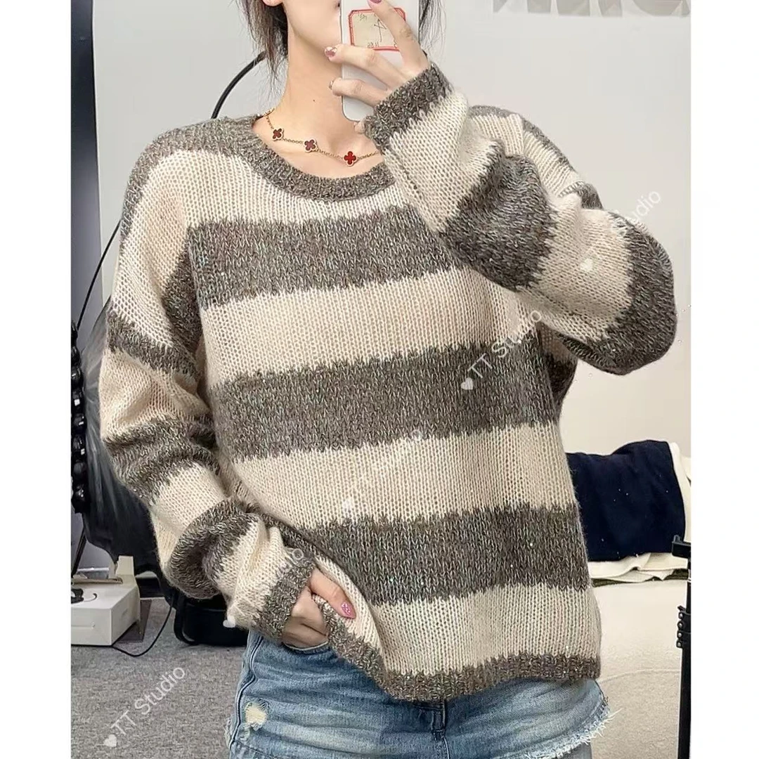 TT家/日记灰/驼羊绒设计感横条圆领毛衣秋冬季女装外穿针织衫