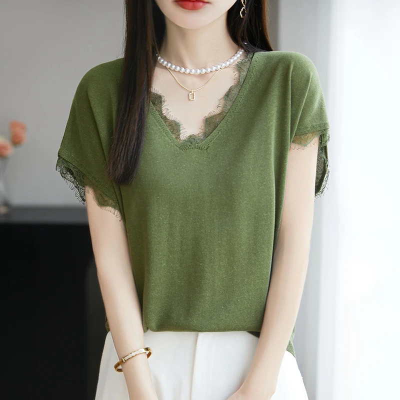 爆款女轻薄V领短袖针织衫高端显瘦百搭无袖气质亚麻蕾丝花边背心