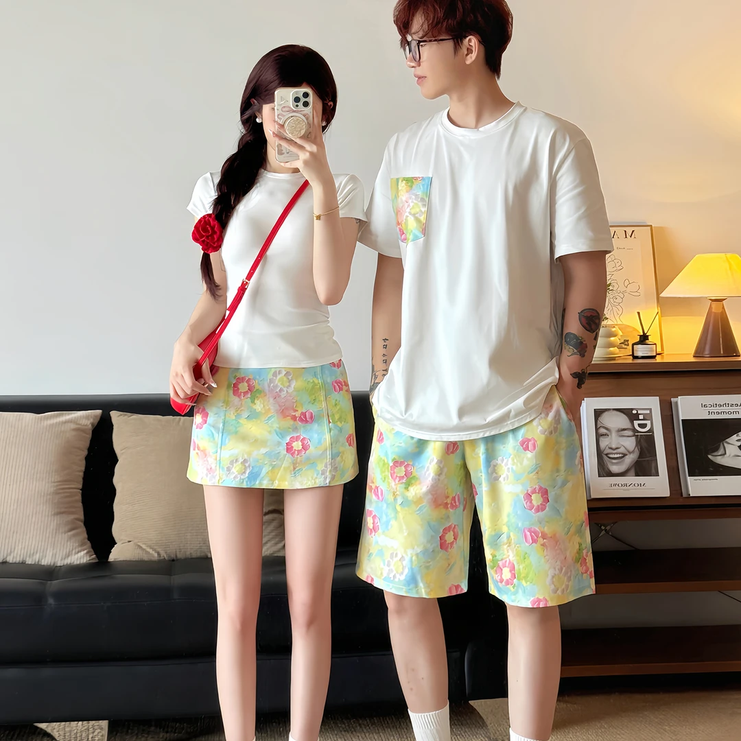 情侣装一裙一衣夏季韩版短袖显瘦白色女t恤油画碎花短裙小众设计