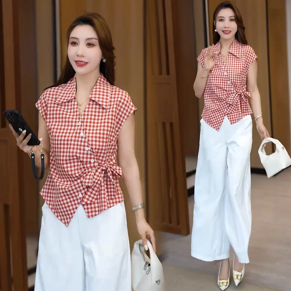 时尚短袖衬衫女2025夏季新款设计感收腰遮肉显瘦格子系带短袖上衣