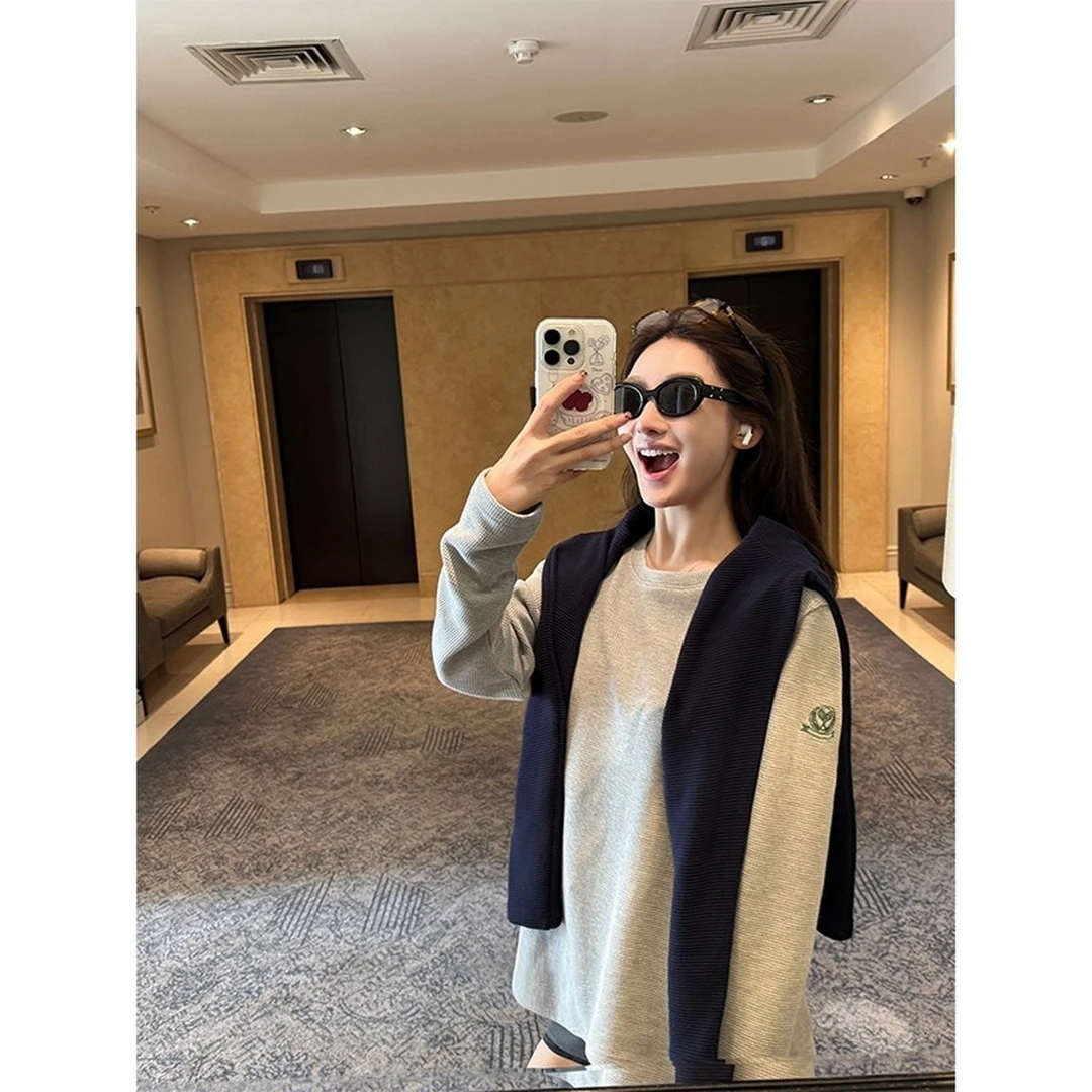 【网球俱乐部】华夫格长袖上衣女早秋灰色外穿慵懒宽松打底衫T恤