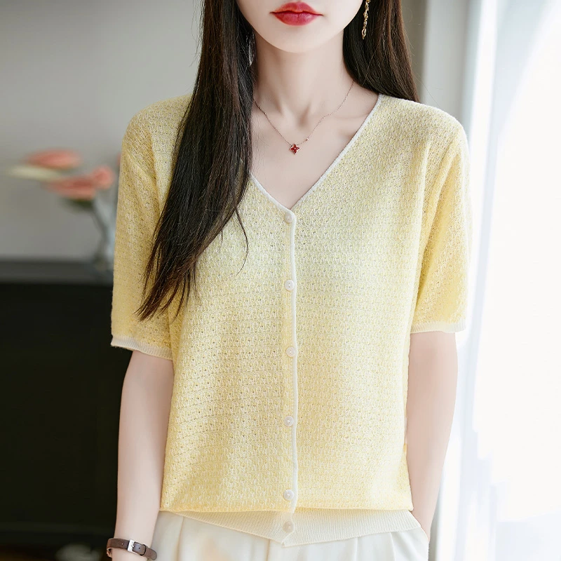 针织镂空开衫夏季薄款气质百搭法式显瘦短袖开衫高端时尚V领开衫