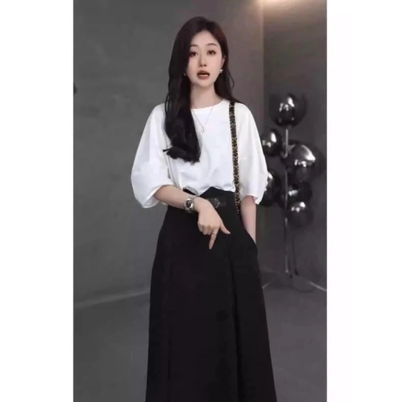 名媛风爆款女装2025年夏季新款时尚宽松纯色套头打底衫过膝半身裙