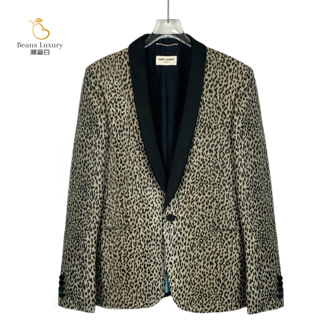 99新 YSL/圣罗兰 潮奢豆 严选/棕色豹纹满印V领西装外套/J13699