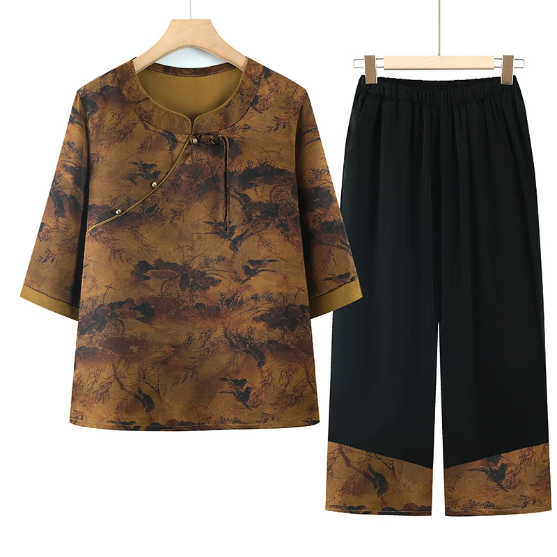 中老年人女春夏新款高档奶奶两件套60岁妈妈洋气国风套装太太衣服