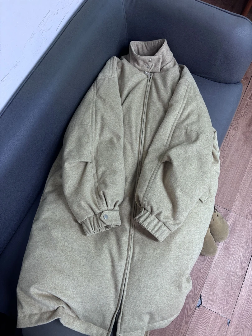 两色长袖女装风衣时尚复古立领中长款羽绒服外套