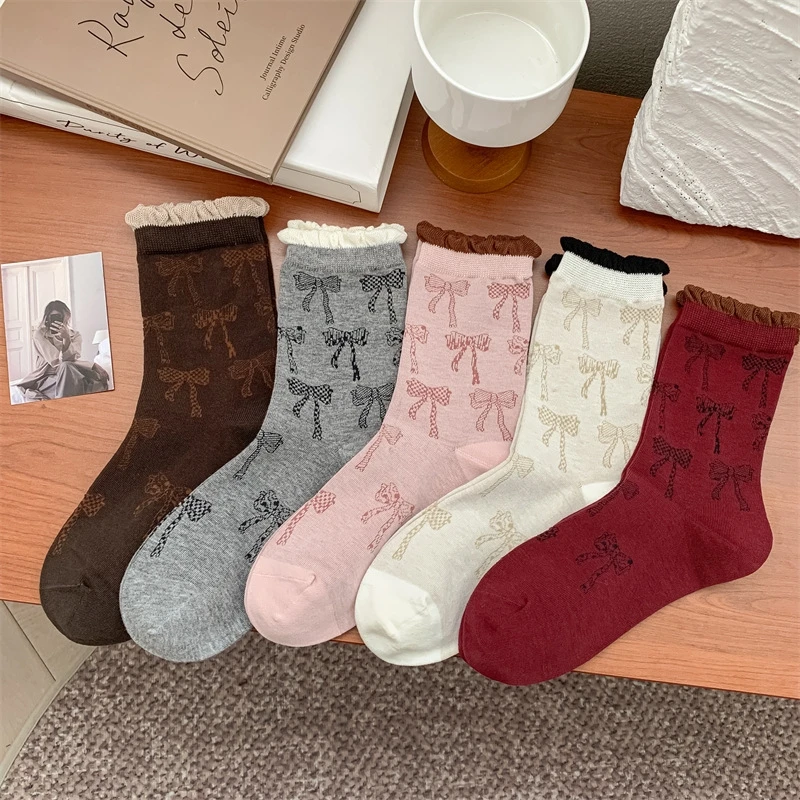 蝴蝶结印花中腰女袜24072 日系堆堆袜女棉质无骨接缝中筒休闲袜子