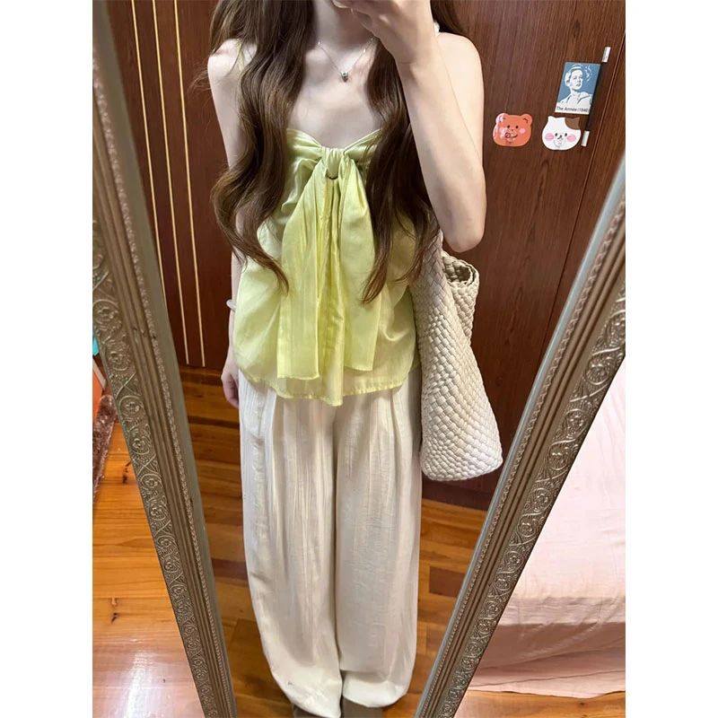 度假风穿搭一整套蝴蝶结外穿无袖吊带背心直筒休闲裤时尚两件套女