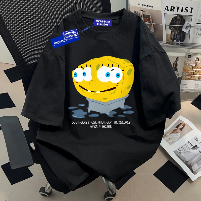 WASSUP HSUBE海绵宝宝重磅纯棉短袖t恤男女情侣宽松oversize上衣