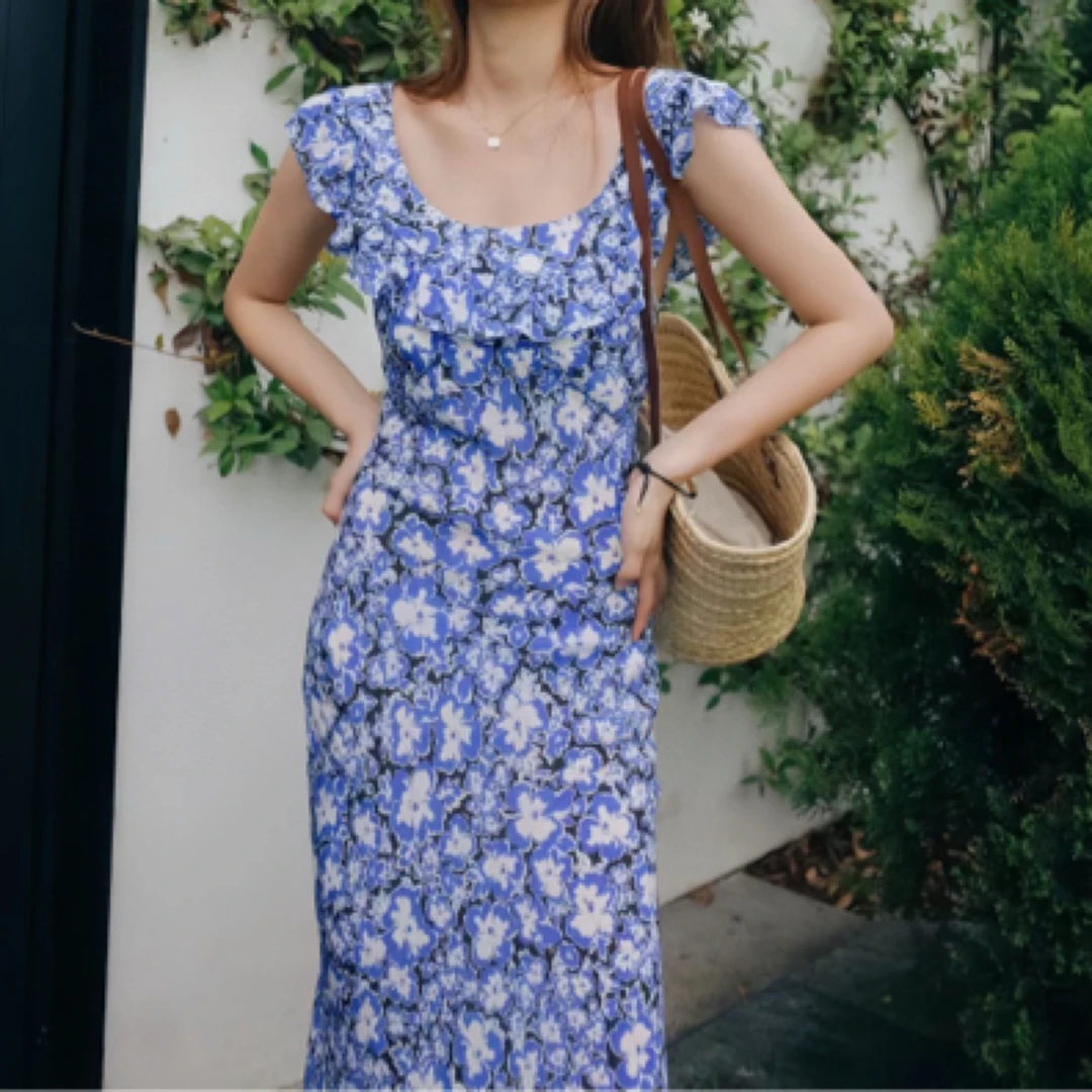 Mr.TStudio茶歇法式蓝色碎花连衣裙小飞袖设计感收腰显瘦裙子真丝