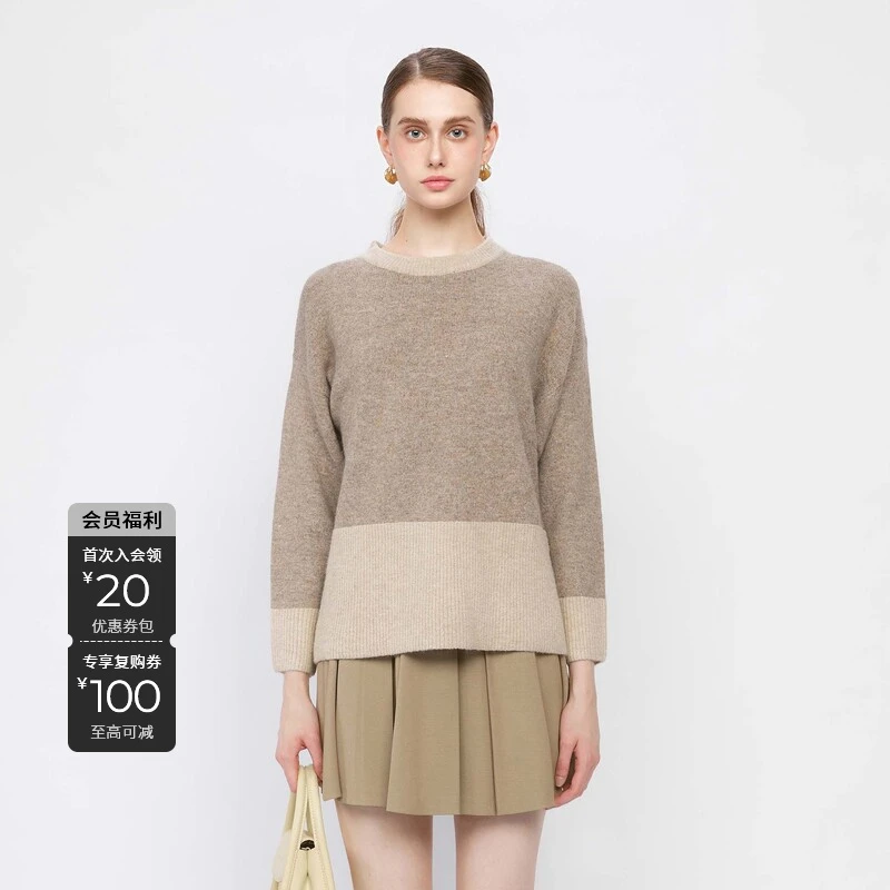 S·DEER秋冬季圆领宽松休闲百搭气质时尚长袖针织衫女装拼色毛衣