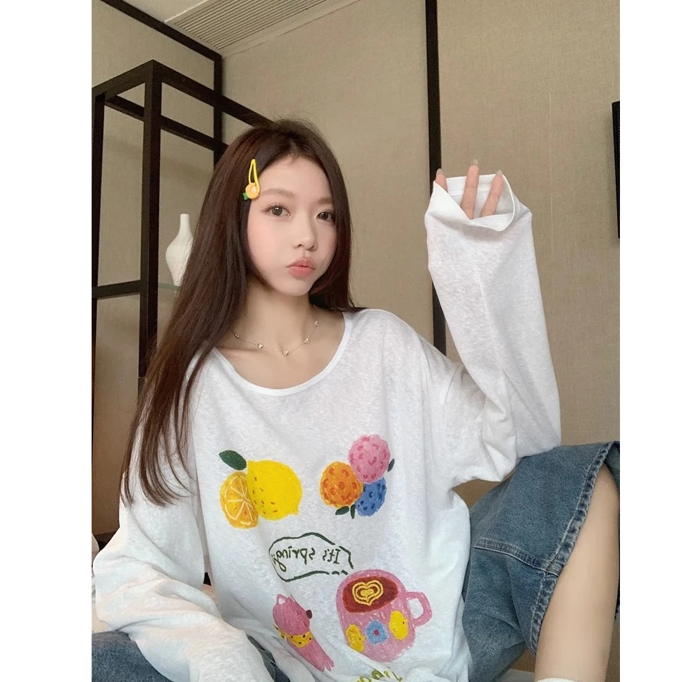 印花长袖宽松型可爱风卡通T恤套头背心休闲百搭夏季时尚ins学院风