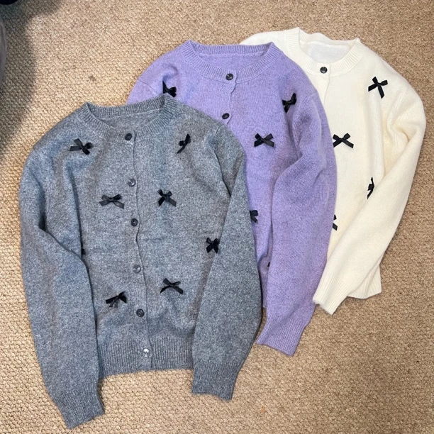 MUHOHUI蝴蝶结韩版长袖保暖毛衣针织衫复古潮流宽松百搭甜美毛衣