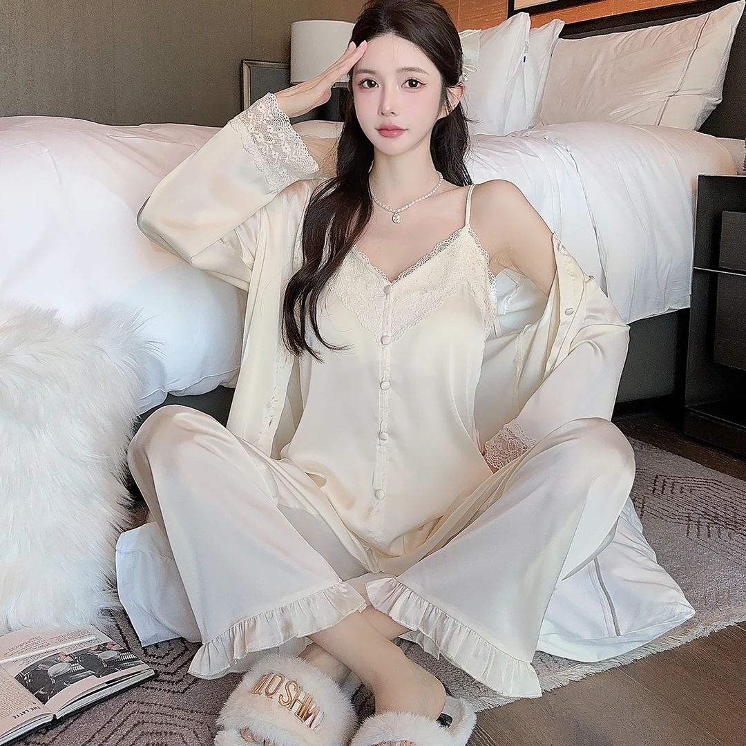 女士蕾丝春夏四件套睡衣家居服新品薄款吊带短裤长袖长裤清凉甜美