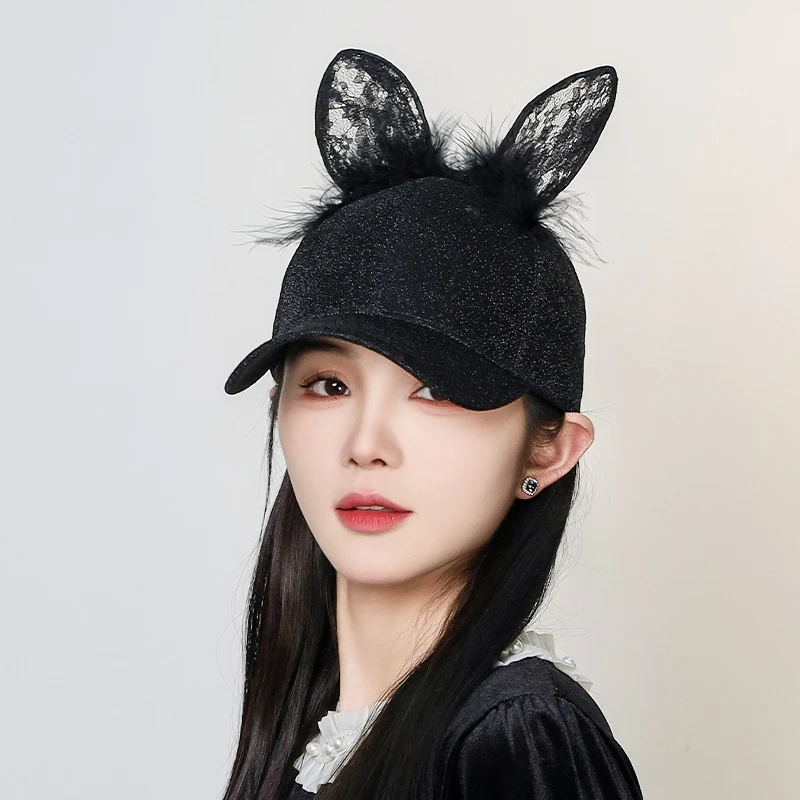 新款小众羽毛黑色蕾丝兔耳朵棒球帽女韩版显脸小时尚鸭舌帽遮阳帽