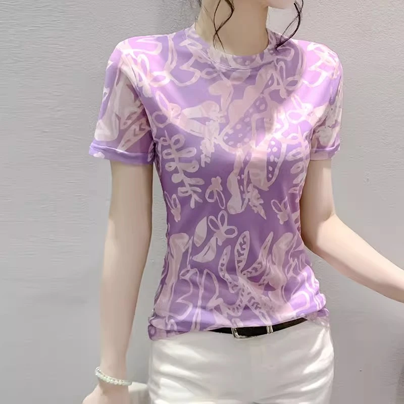 【商场同款】女装夏季时尚百搭圆领修身印花网纱短袖T恤衫5007278