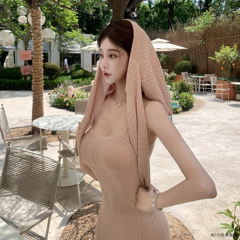 温柔米白修身针织开衫连衣裙女夏季显瘦网红款两件套