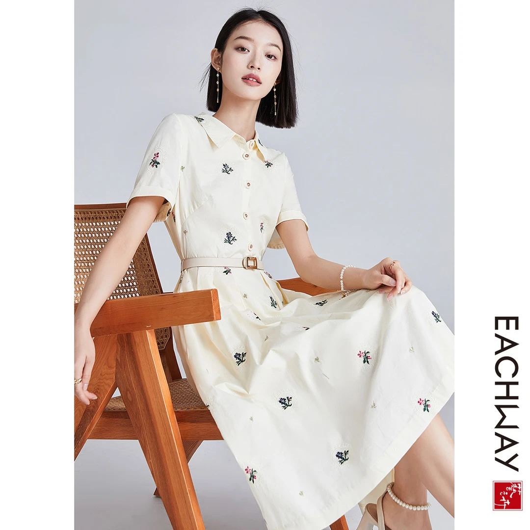 【精致刺绣连衣裙】夏季法式短袖翻领中长轻薄A字裙