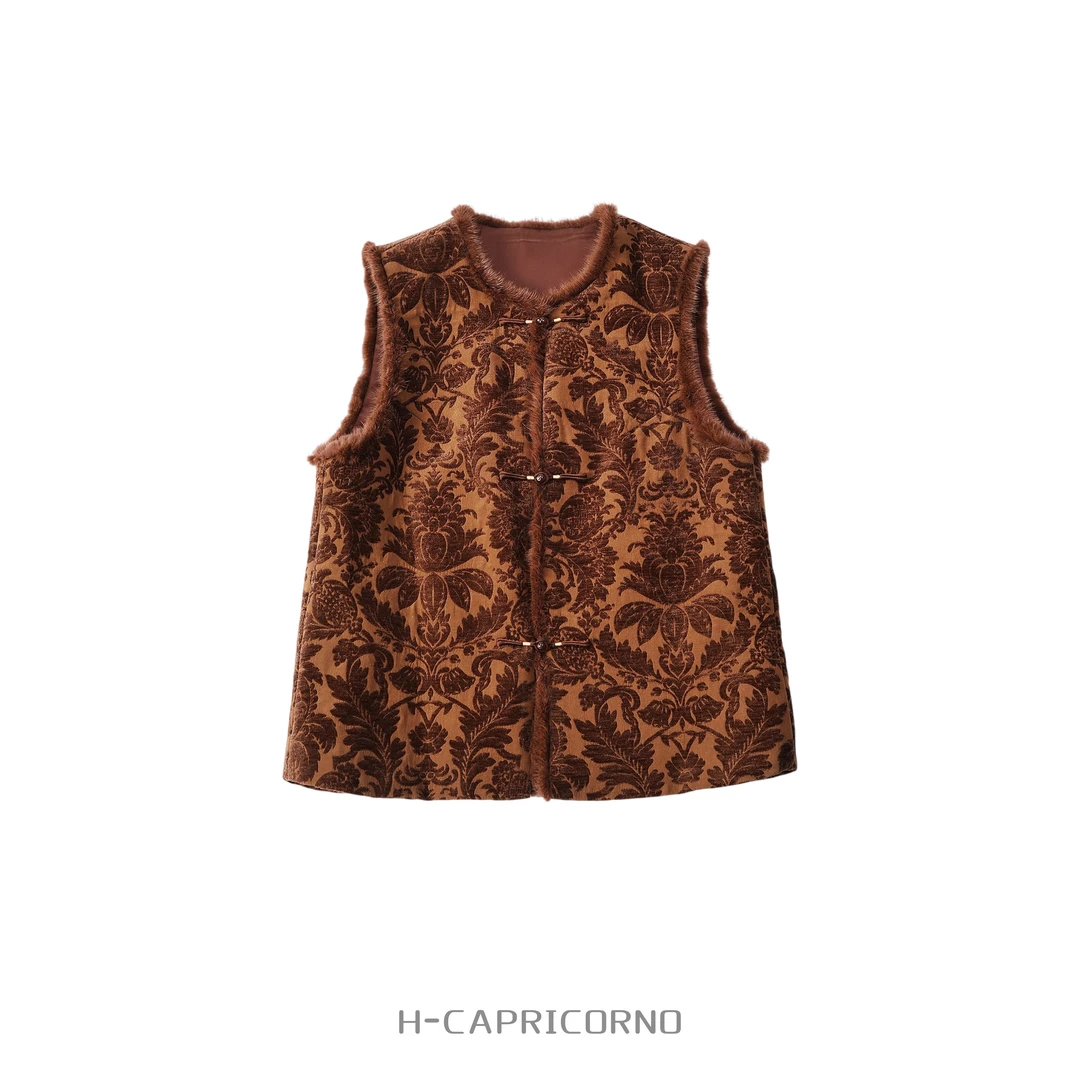 H-CAPRICORNO卢浮宫油画女主浮雕提花微闪光貂毛装饰夹棉背心马甲