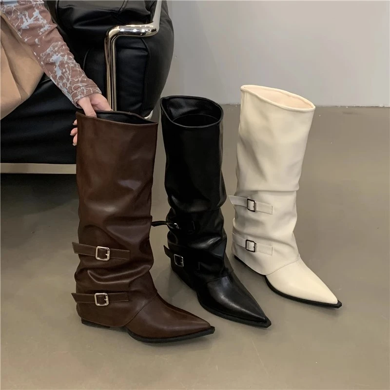 暮秋秋高筒靴尖头粗跟皮带扣不过膝长筒靴2025秋冬新款西部骑士靴