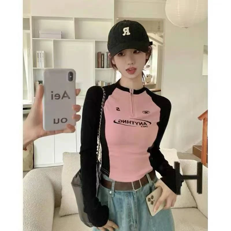 1009-大码简约撞色辣妹风半拉链大码显瘦百搭打底衫