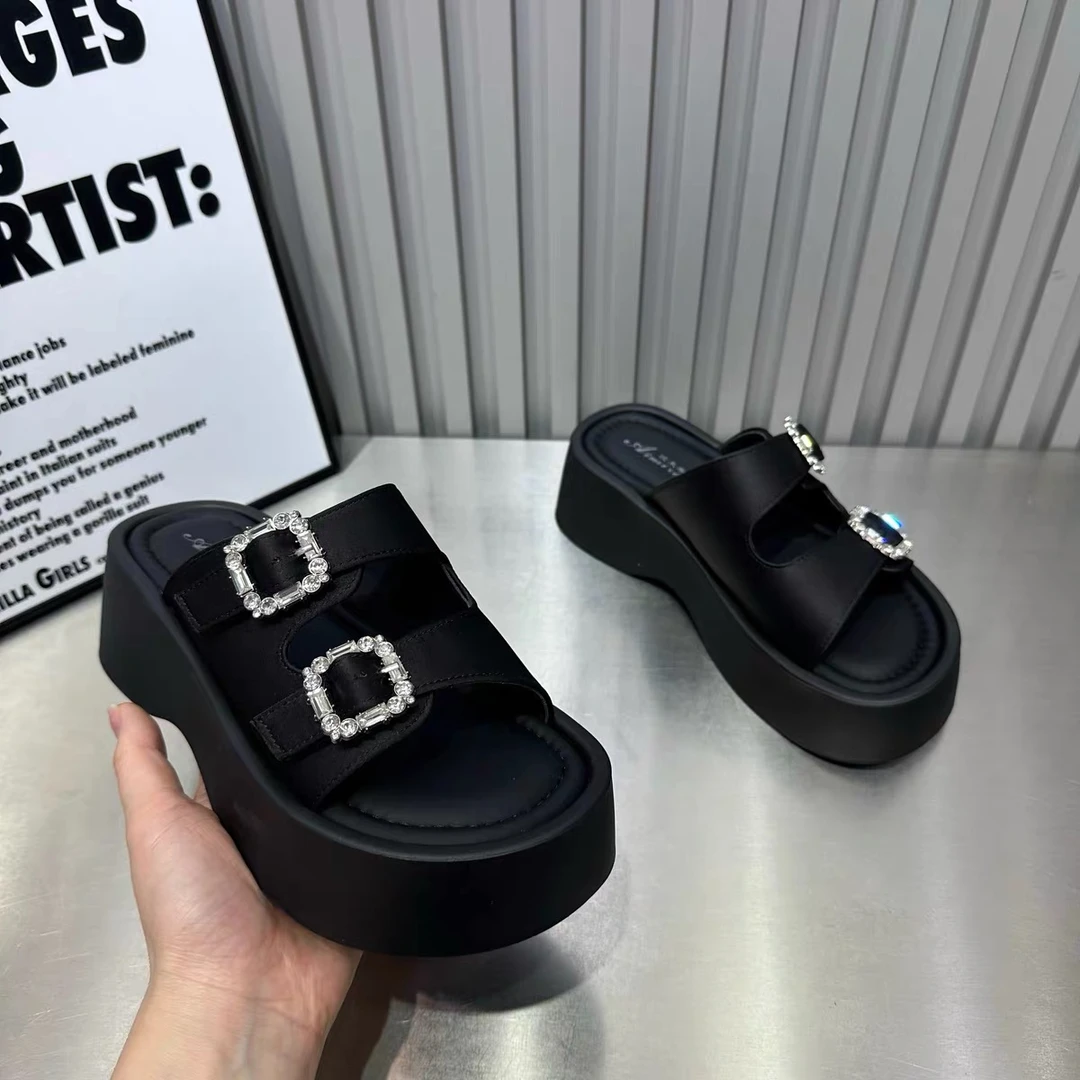 Miss Huo 厚底方钻拖鞋 C 黑色 980-3