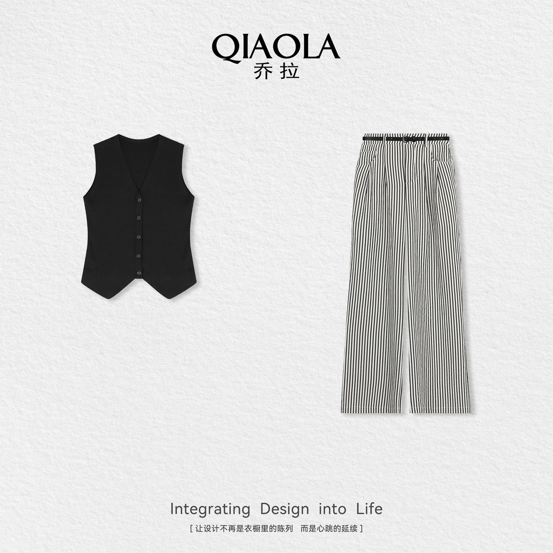 QIAOLA/乔拉【横琴岛】夏季丝滑透气上衣梭织条纹裤子时尚套装预售