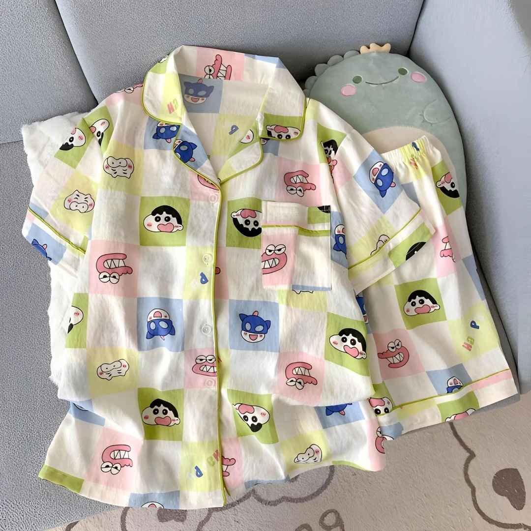 夏季新款蜡笔小新儿童短袖短裤女童宝宝卡通薄款云朵棉印花睡衣