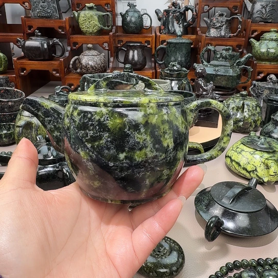 明***上蛇纹石玉未镶嵌藏玉药王石茶壶