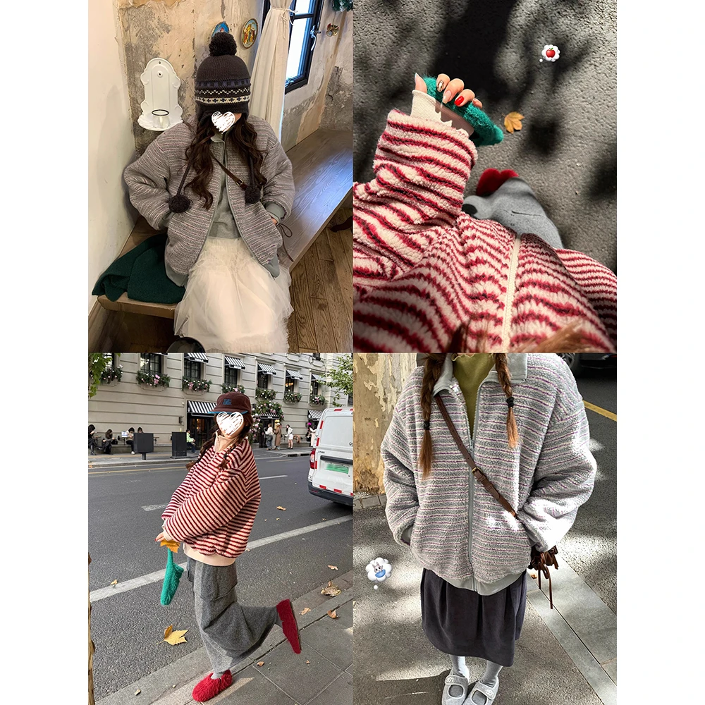 毛绒茸条纹外套2025冬季新款减龄加厚保暖立领上衣 61300