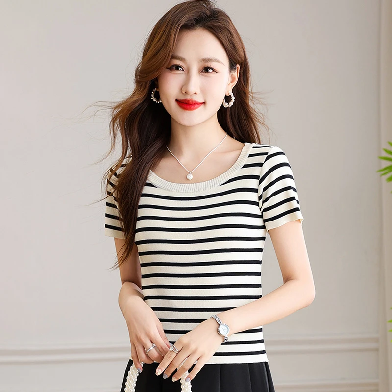 法式撞色条纹设计感针织T恤女2025打底衫洋气修身显瘦别致上衣
