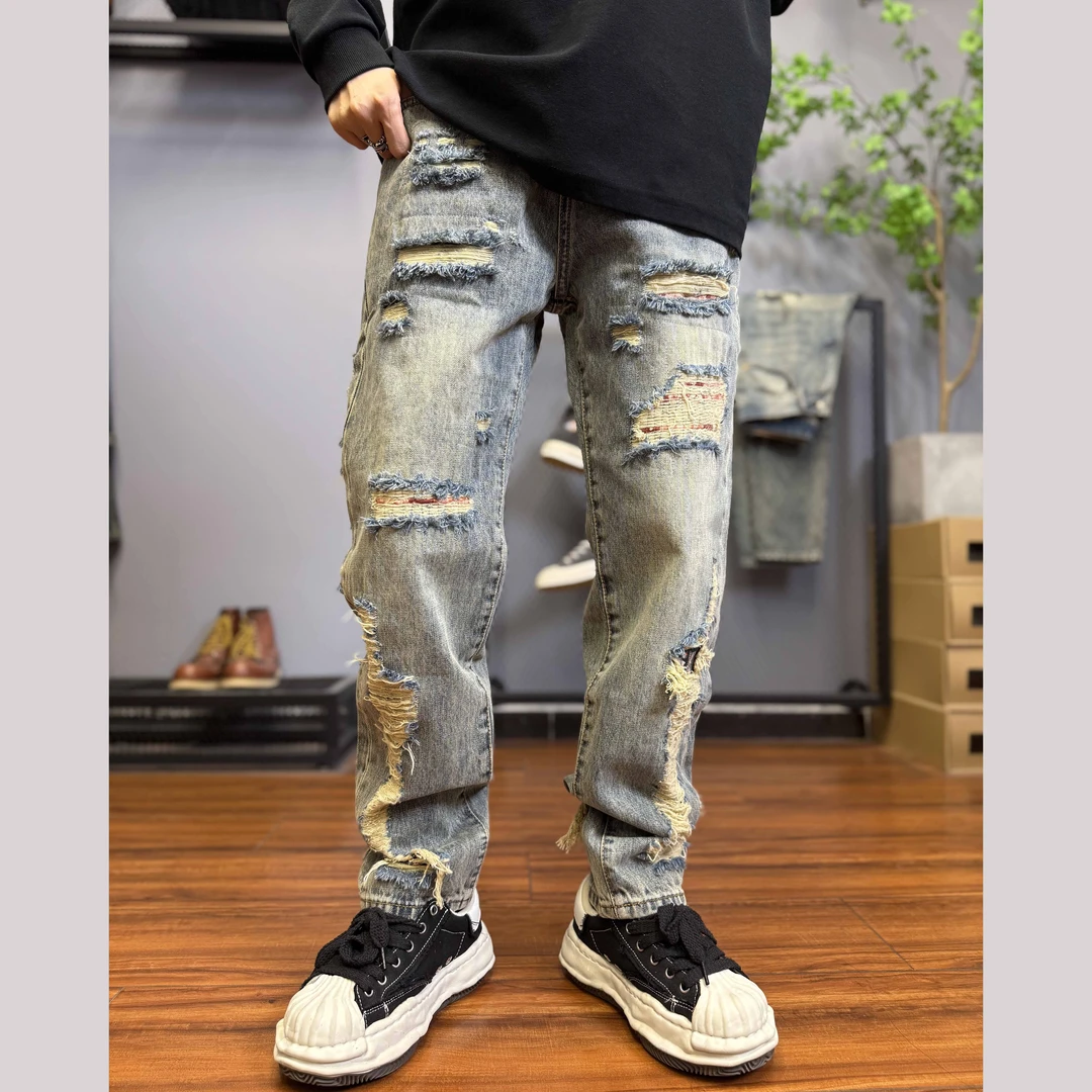 破洞印花秋季水洗做旧无弹长裤牛仔裤复古拼接裤子美式高街C9023