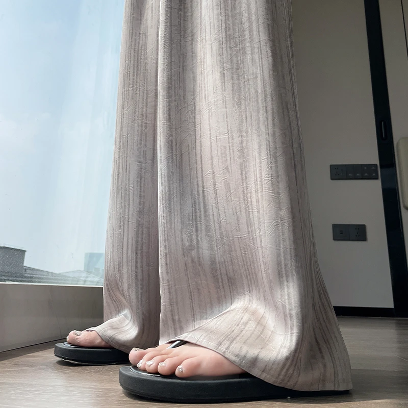 夏季水墨印花缎面阔腿裤女新款薄款透气百搭冰丝减龄休闲裤潮