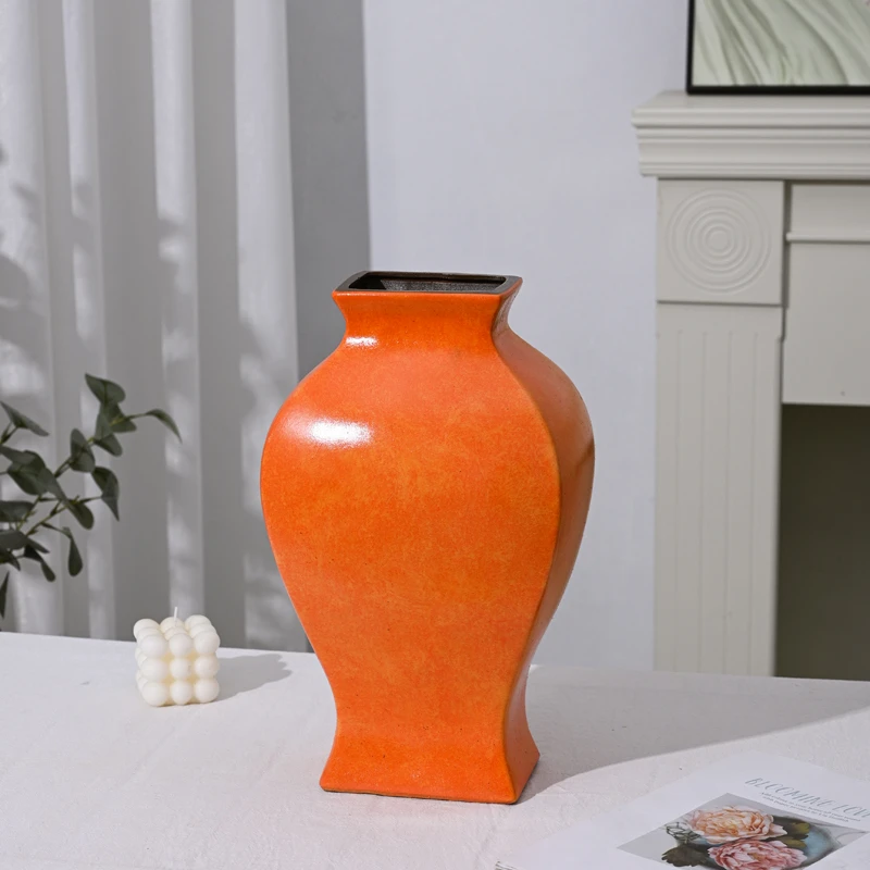 [橙心橙意- 方口扁贯瓶】太阳橙无孔桌面陶瓷花瓶干花鲜花客厅插花